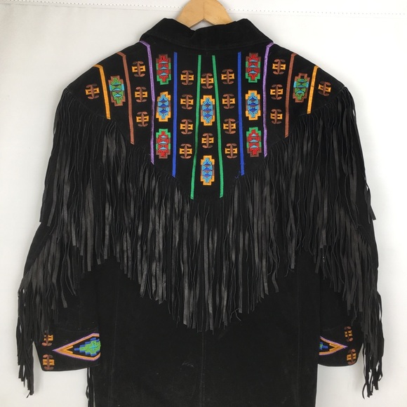 VTG Erez Levy Embroidered Leather Jacket Fringe Black Colorful Western Beaded - Picture 12 of 16